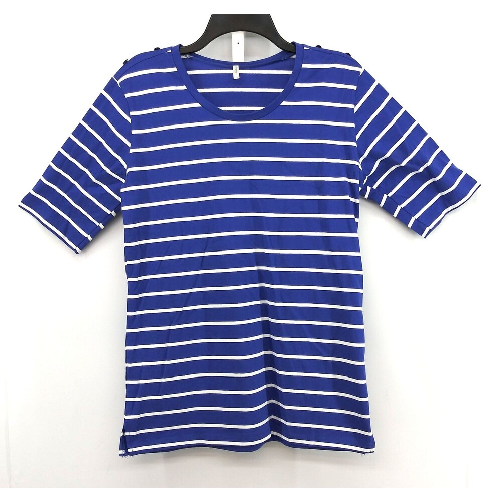 Passports Shirt Women Size XL Blue White Striped Short Sleeve Top Nautical